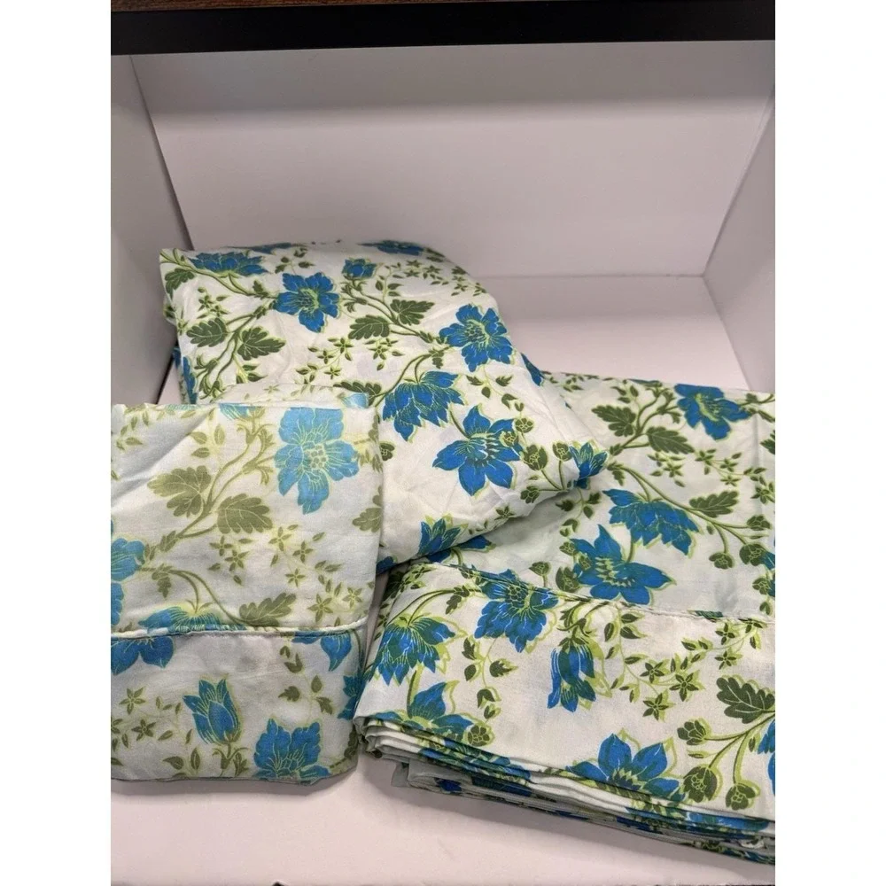 VTG Lot Twin Sheet 2 Set Flat Fitted Pillowcase Flower Power Groovy Florals Blue